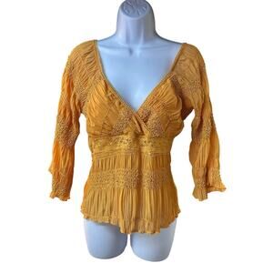 GEORGIOU STUDIO Mustard Smocked Chiffon Blouse Peasant Boho Y2K Large